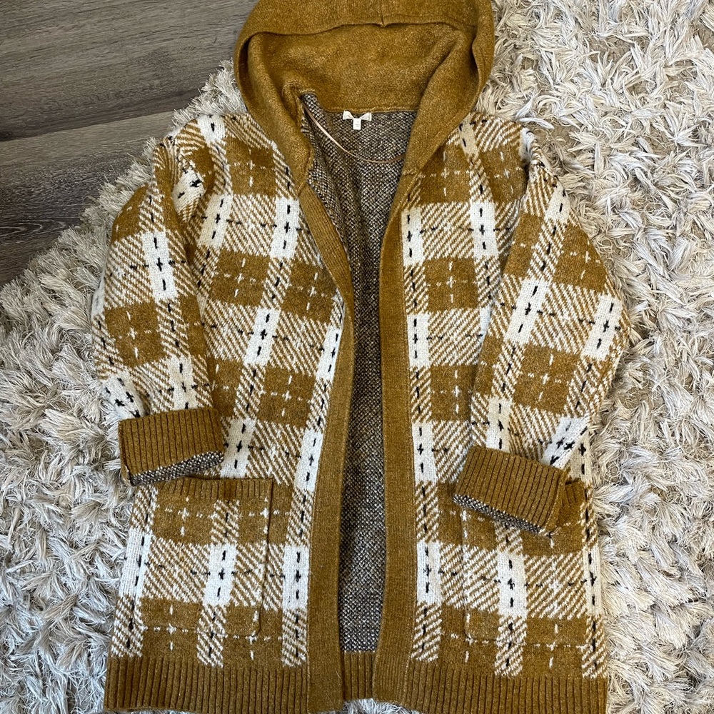 Mystree Brown and White Plaid Hooded Cardigan